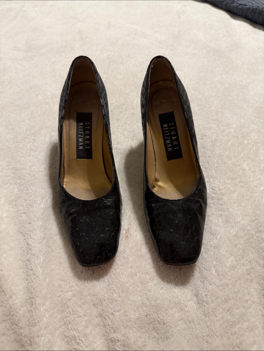 Stuart Weitzman Black Textured Square Toe Pumps